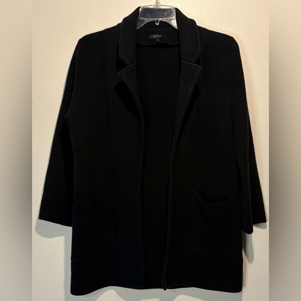 Quince 100% Organic Cotton Knit Blazer Black Textured Open Front Pockets Size S - Picture 2 of 7